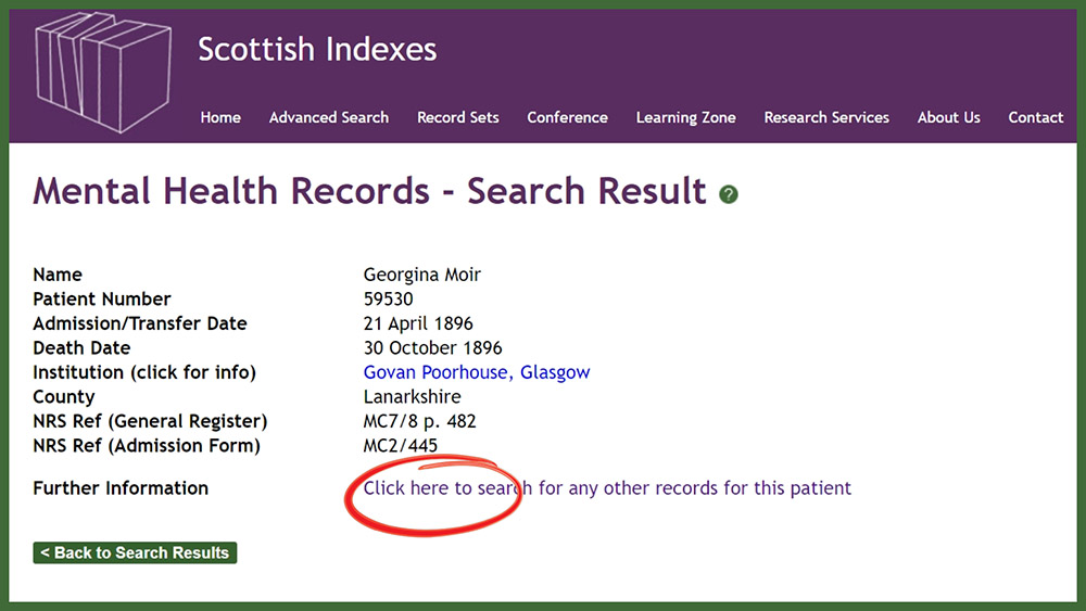 Screenshot of Scottish Indexes Mental Health Search Features